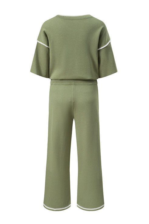 Contrast Trim Textured Knit Half Sleeve Drop Shoulder Drawstring Waist Wide Leg Two Piece Pant Set